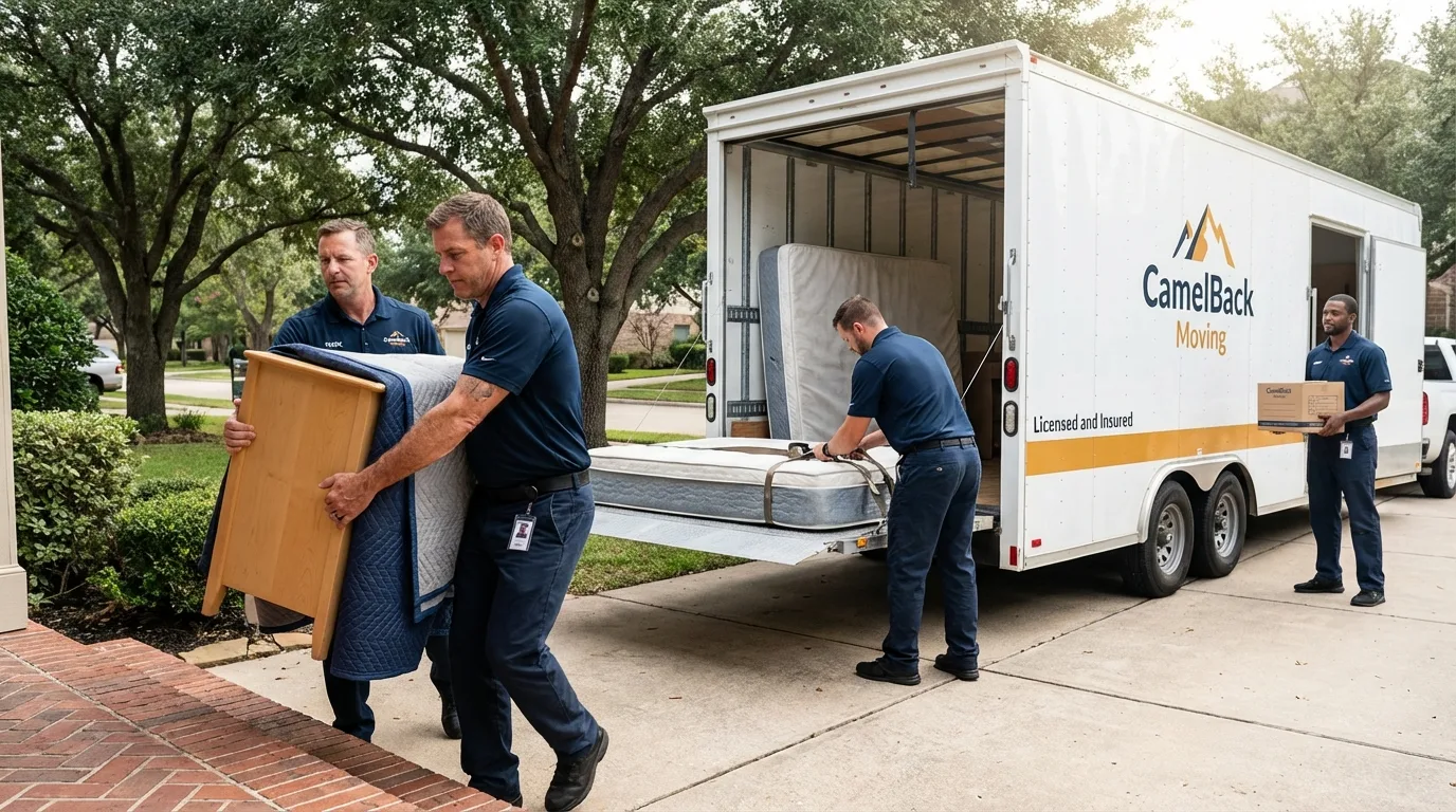 Crew loading residential truck for cross-state move from Crosby, ND
