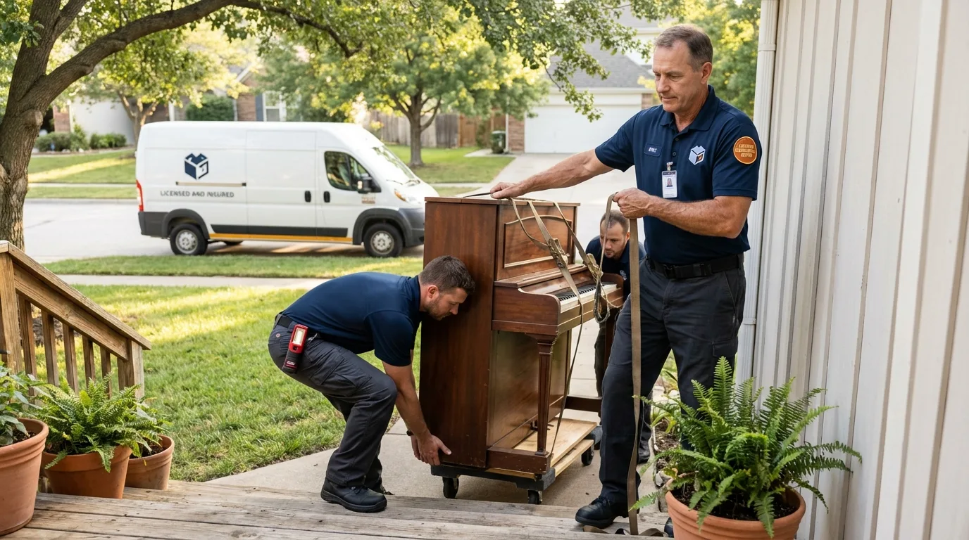 Licensed piano movers securing grand piano in Crosby, ND