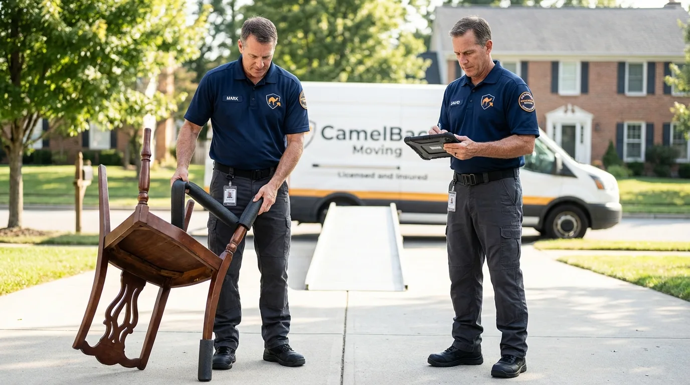 Movers inspecting furniture for damage prevention before loading in Crosby, ND
