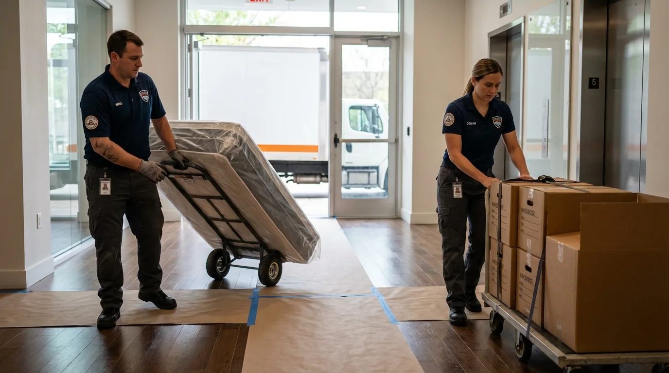 Professional apartment movers loading elevator in Crosby, ND