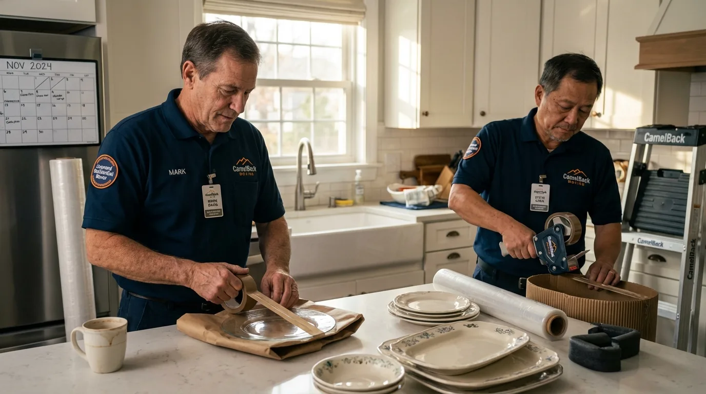 Professional crew packing kitchen dishware in Crosby, ND